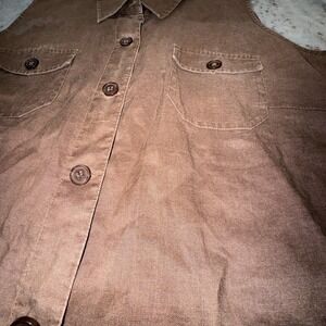 Toto N Ko Women's 14 Petite 100% Linen Brown Sleeveless Shirt Button Down Casual